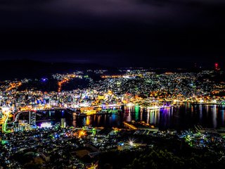 Обои ночь, огни, пейзаж, город, япония, нагасаки, night, lights, landscape, the city, japan, nagasaki разрешение 2048x1159 Загрузить