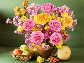 Обои розы, яблоки, букет, яблок, хризантемы, натюрморт, роз, roses, apples, bouquet, chrysanthemum, still life разрешение 4790x3642 Загрузить