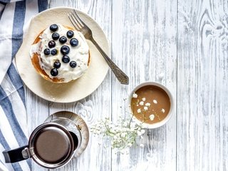 Обои ягоды, черника, завтрак, блины, дерева, какао, berries, blueberries, breakfast, pancakes, wood, cocoa разрешение 5184x3456 Загрузить