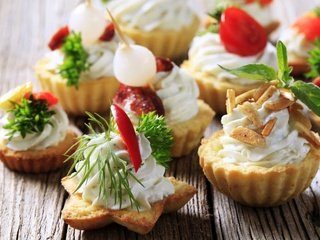 Обои зелень, овощи, соус, закуска, тарталетки, корзинки, крем, greens, vegetables, sauce, appetizer, tartlets, baskets, cream разрешение 2400x1576 Загрузить