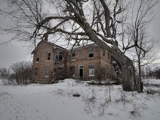 Обои снег, дерево, зима, поле, дом, snow, tree, winter, field, house разрешение 1920x1213 Загрузить