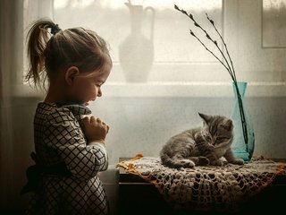 Обои котенок, радость, девочка, ребенок, животное, малышка, kitty, joy, girl, child, animal, baby разрешение 3000x2120 Загрузить