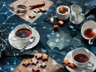 Обои звезды, чай, чашки, сахар, печенье, выпечка, stars, tea, cup, sugar, cookies, cakes разрешение 2048x1367 Загрузить