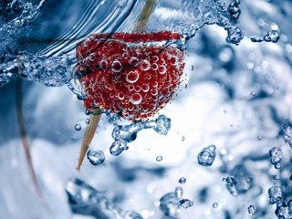 Обои вода, малина, капли, ягода, пузыри, в воде, water, raspberry, drops, berry, bubbles, in the water разрешение 2880x1800 Загрузить