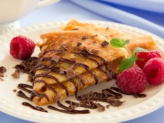 Обои малина, ягоды, шоколад, блинчики, блины, raspberry, berries, chocolate, pancakes разрешение 1920x1080 Загрузить