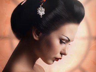 Обои девушка, профиль, лицо, макияж, прическа, гейша, girl, profile, face, makeup, hairstyle, geisha разрешение 5681x3900 Загрузить