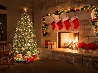 Обои новый год, елка, подарки, праздники, камин, рождество, гирлянда, new year, tree, gifts, holidays, fireplace, christmas, garland разрешение 5582x3725 Загрузить