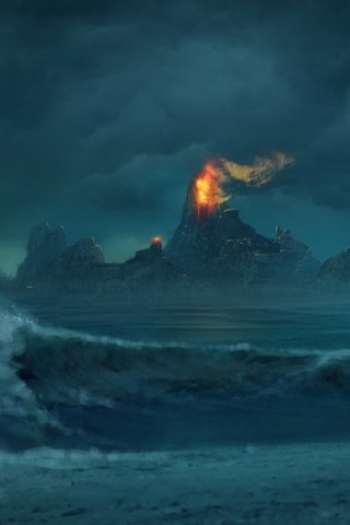 Обои горы, волны, огонь, лодка, risen, mountains, wave, fire, boat разрешение 1920x1200 Загрузить