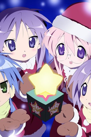 Обои lucky star, izumi konata, hiiragi tsukasa, hiiragi kagami, takara miyuki, елочная, christmas разрешение 1920x1200 Загрузить