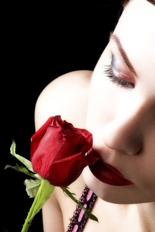 Обои девушка, красная роза, фон, шатенка, роза, закрытые глаза, черный, черный фон, губы, лицо, макияж, girl, red rose, background, brown hair, rose, closed eyes, black, black background, lips, face, makeup разрешение 2560x1600 Загрузить