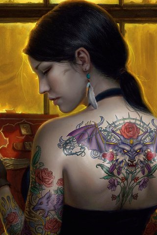 Обои арт, девушка, спина, окно, татуировка, книга, цветная, art, girl, back, window, tattoo, book, color разрешение 1920x1200 Загрузить