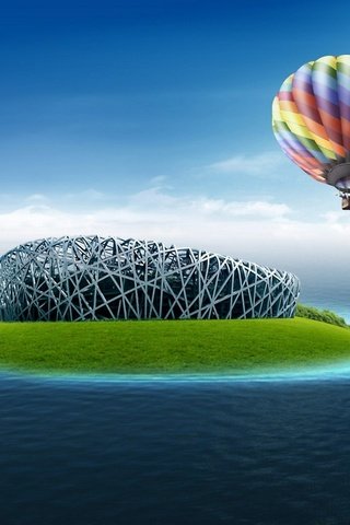 Обои воздушный шар над островом, balloon over the island разрешение 2560x1440 Загрузить