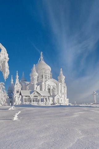 Обои деревья и церковь облеплены снегом, trees and church covered in snow разрешение 2560x1440 Загрузить