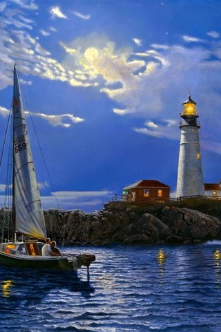 Обои арт, пейзаж, море, маяк, яхта, безмятежность, dave barnhouse, art, landscape, sea, lighthouse, yacht, serenity разрешение 2560x1600 Загрузить