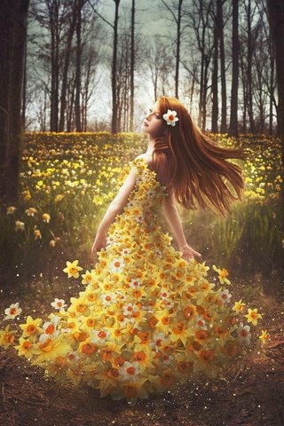 Обои цветы, лес, девушка, платье, нарциссы, рыжеволосая, shelby robinson, flowers, forest, girl, dress, daffodils, redhead разрешение 2048x1426 Загрузить