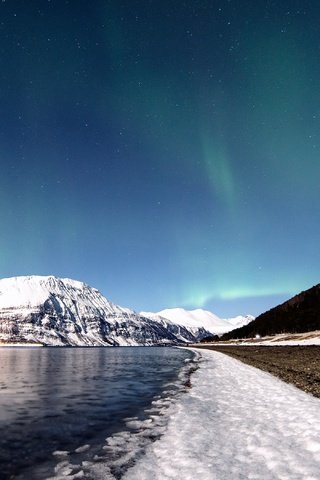 Обои река, горы, снег, природа, северное сияние, норвегия, river, mountains, snow, nature, northern lights, norway разрешение 3360x2100 Загрузить