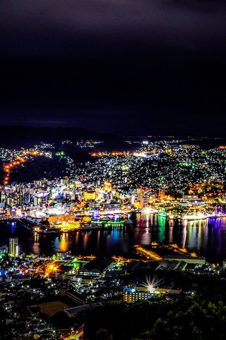 Обои ночь, огни, пейзаж, город, япония, нагасаки, night, lights, landscape, the city, japan, nagasaki разрешение 2048x1159 Загрузить