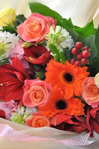 Обои розы, букет, герберы, гиацинт, эустома, гиппеаструм, roses, bouquet, gerbera, hyacinth, eustoma, there разрешение 1920x1183 Загрузить