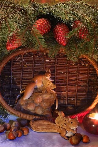 Обои орехи, ель, корзина, игрушки, свеча, белки, nuts, spruce, basket, toys, candle, proteins разрешение 1920x1312 Загрузить