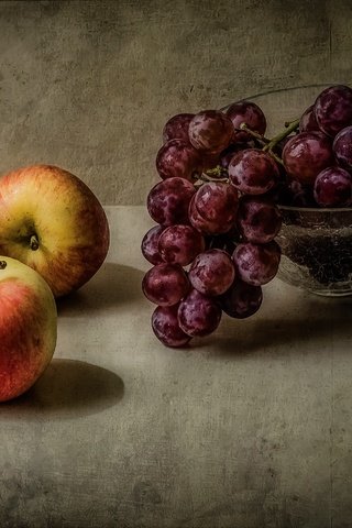 Обои макро, виноград, фрукты, яблоки, ваза, macro, grapes, fruit, apples, vase разрешение 2880x1908 Загрузить