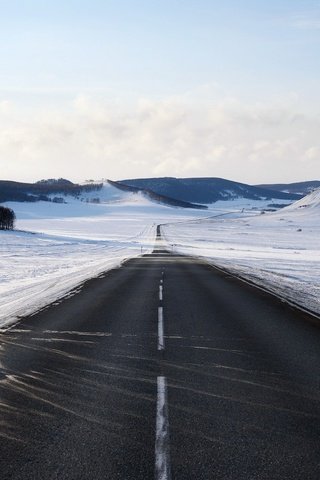 Обои дорога, горы, снег, зима, горизонт, road, mountains, snow, winter, horizon разрешение 1920x1282 Загрузить