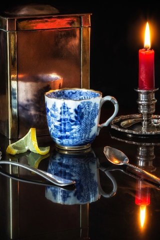 Обои пламя, зеркало, лимон, чашка, чай, свеча, натюрморт, ложки, flame, mirror, lemon, cup, tea, candle, still life, spoon разрешение 3500x3198 Загрузить