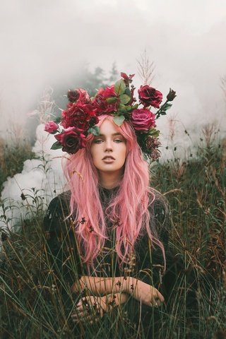 Обои трава, девушка, розы, взгляд, волосы, венок, розовые волосы, alexandra cameron, grass, girl, roses, look, hair, wreath, pink hair разрешение 2048x1365 Загрузить