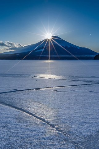 Обои вечер, озеро, пейзаж, лёд, вулкан, the evening, lake, landscape, ice, the volcano разрешение 1920x1200 Загрузить