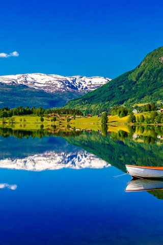 Обои небо, река, горы, отражение, побережье, лодка, норвегия, the sky, river, mountains, reflection, coast, boat, norway разрешение 1920x1200 Загрузить