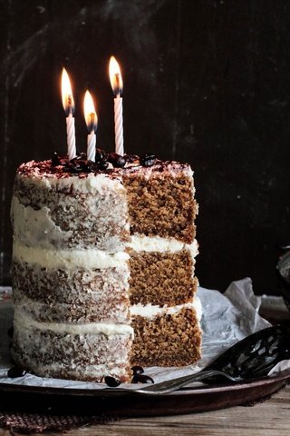 Обои шоколад, крем, сладкое, торт со свечками, день рождения, торт, бутылочка, свечки, лопатка, ситечко, chocolate, cream, sweet, a cake with candles, birthday, cake, bottle, candle, blade, strainer разрешение 2048x1337 Загрузить
