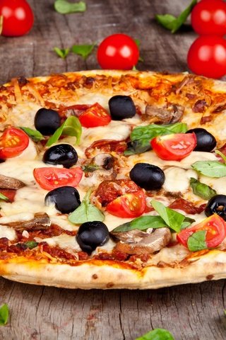 Обои еда, грибы, сыр, листочки, помидоры, пицца, маслины, блюдо, food, mushrooms, cheese, leaves, tomatoes, pizza, olives, dish разрешение 2880x1800 Загрузить