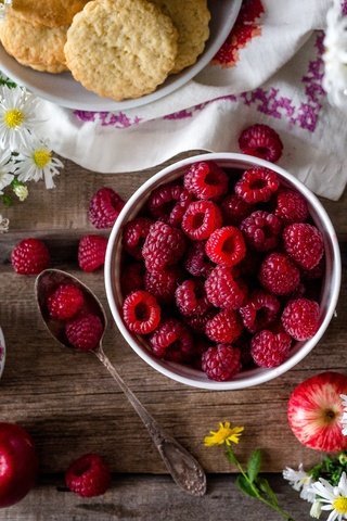 Обои цветы, малина, яблоки, ромашки, завтрак, печенье, натюрморт, flowers, raspberry, apples, chamomile, breakfast, cookies, still life разрешение 5643x3762 Загрузить