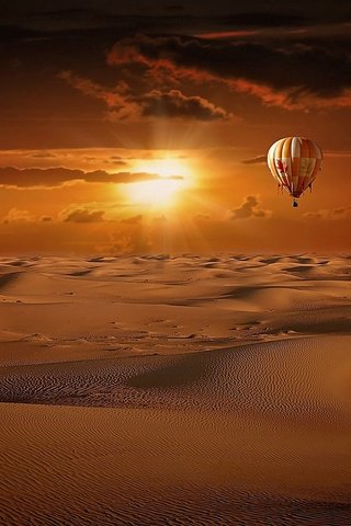 Обои пейзаж, песок, пустыня, воздушный шар, солнечные лучи, landscape, sand, desert, balloon, the sun's rays разрешение 1920x1200 Загрузить
