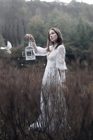 Обои природа, девушка, настроение, платье, птица, голубь, клетка, nature, girl, mood, dress, bird, dove, cell разрешение 2300x1444 Загрузить