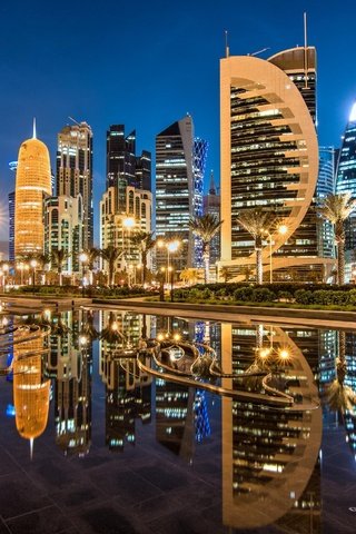 Обои отражение, небоскребы, ночной город, здания, катар, доха, sheraton park, reflection, skyscrapers, night city, building, qatar, doha разрешение 2754x1751 Загрузить