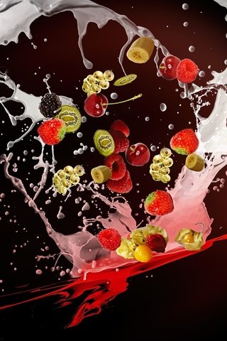 Обои фон, фрукты, брызги, ягоды, всплеск, молоко, background, fruit, squirt, berries, splash, milk разрешение 2480x1772 Загрузить