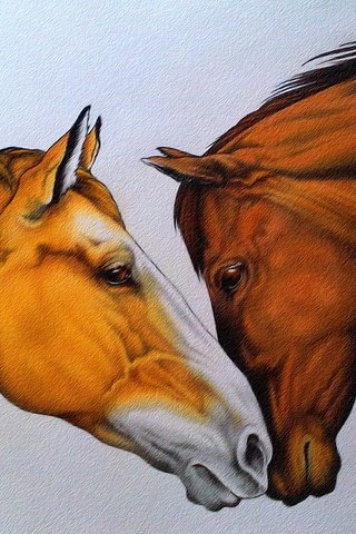 Обои рисунок, пара, лошади, кони, нежность, живопись, figure, pair, horse, horses, tenderness, painting разрешение 2297x1529 Загрузить