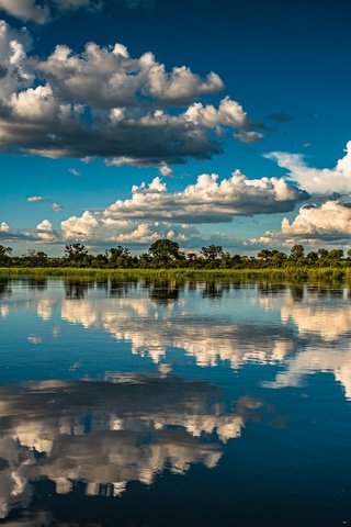 Обои облака, деревья, река, отражение, африка, намибия, река окаванго, okavango river, полоса каприви, caprivi strip, clouds, trees, river, reflection, africa, namibia разрешение 2048x1280 Загрузить