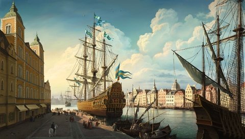 Обои рисунок, облака, река, корабль, парусник, figure, clouds, river, ship, sailboat разрешение 3000x1709 Загрузить