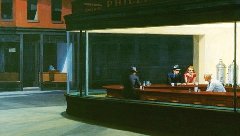 Обои рисунок, кафе, полуночники, эдвард хоппер, nighthawks, figure, cafe, night owls, edward hopper разрешение 2560x1600 Загрузить