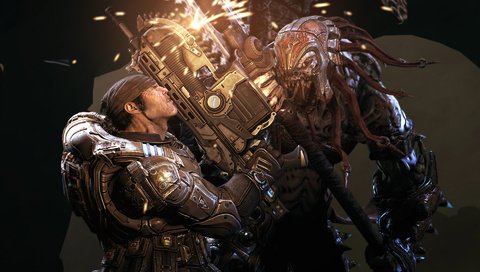 Обои оружие, искры, саранча, gears of war 2, маркус феникс, weapons, sparks, locust, marcus fenix разрешение 1920x1200 Загрузить