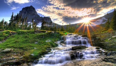 Обои вода, солнце, природа, гора, водопад, water, the sun, nature, mountain, waterfall разрешение 1920x1080 Загрузить