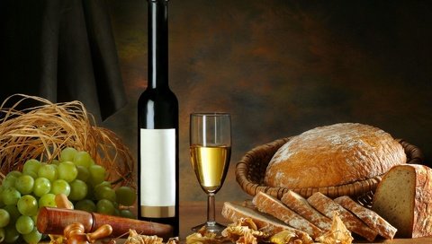 Обои листья, виноград, бокал, хлеб, вино, белое, бутылка, leaves, grapes, glass, bread, wine, white, bottle разрешение 1920x1200 Загрузить
