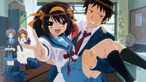 Обои asahina mikuru, kyon, nagato yuki, suzumiya haruhi, suzumiya haruhi no yuutsu разрешение 2593x1600 Загрузить