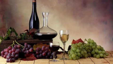 Обои виноград, вино, бокалы, бутылки, натюрморт, grapes, wine, glasses, bottle, still life разрешение 1920x1200 Загрузить