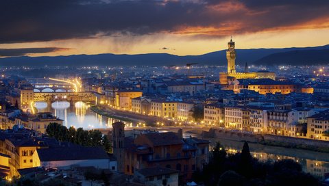 Обои ночь, огни, италия, флоренция, мосты, палаццо веккьо, night, lights, italy, florence, bridges, palazzo vecchio разрешение 1920x1080 Загрузить