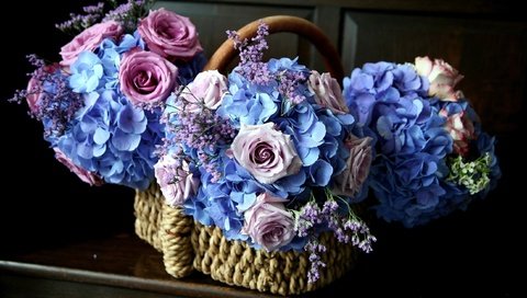 Обои букеты, цветы, розы, корзина, cvety, rozovyj, goluboj, korzinka, rozy, gortenziya, гортензия, корзинка с цветами, bouquets, flowers, roses, basket, hydrangea, a basket of flowers разрешение 2600x1530 Загрузить
