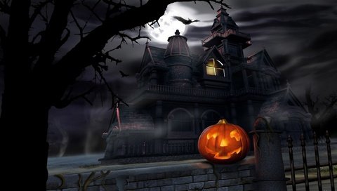 Обои тыква и мрачный замок, pumpkin and dark castle разрешение 2560x1440 Загрузить