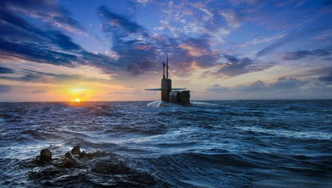 Обои небо, закат, море, аквалангисты, подводная лодка, the sky, sunset, sea, divers, submarine разрешение 1920x1200 Загрузить