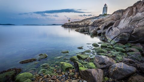 Обои скалы, камни, берег, пейзаж, море, маяк, rocks, stones, shore, landscape, sea, lighthouse разрешение 2560x1600 Загрузить